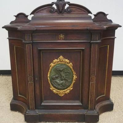 1250	ROSEWOOD VICTORIAN 1 DOOR CABINET WITH BRONZE MOUNTED CENTER PLAQUE & TRIM, QUILTED MAPLE INTERIOR, APPROXIMATELY 49 IN X 19 IN...