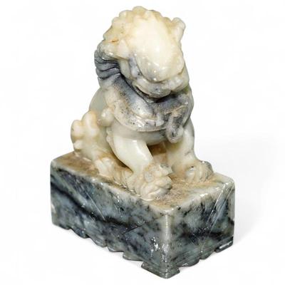 Carved Vintage Soapstone Chinese Foo Dog On Layered Base
