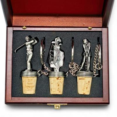Set Of Three Navika Vintage Golf-Themed Pewter Bottle Stoppers In Wooden Case