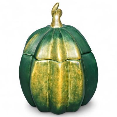 Glazed Ceramic Green Pumpkin-Shaped Lidded Jar With Golden Stem