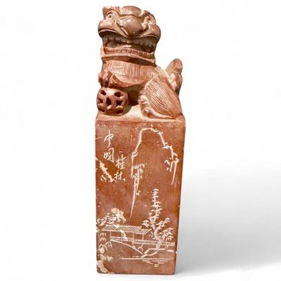 Carved Wooden Chinese Foo Dog On Ornate Pedestal