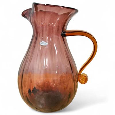 Blenko Glass Amethyst Pitcher with Amber Handle, 2001, Form 938