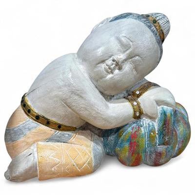 Painted Wood Figurine Of Baby Buddha And Pumpkin