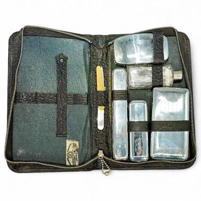 Antique Men's Travel Grooming Kit In Zippered Leather Case