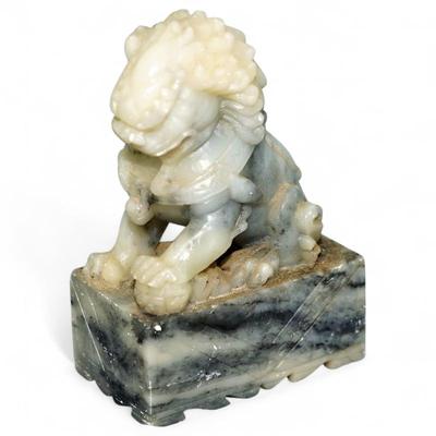 Vintage Chinese Carved Soapstone Foo Dog Figurine On Layered Base