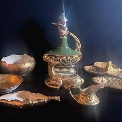J. Beam Green/Gold Decanters And Gold Dishes 