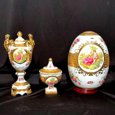 Trinket Jar, Large Egg, Urn: Hand Painted/French Style