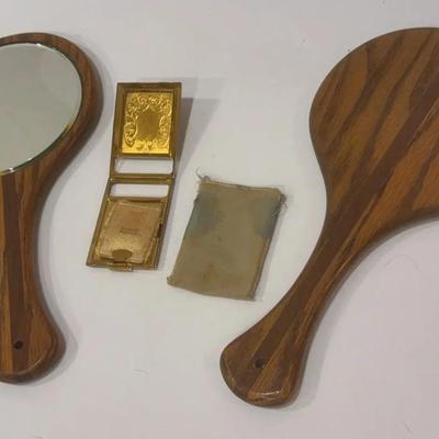 Vintage Make Up Compact And 2 Wooden Handheld Mirrors 