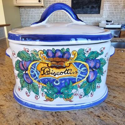 Lot #177 - Italian Biscotti Jar With Lid. Hand-painted, Ceramic Kitchen Canister.