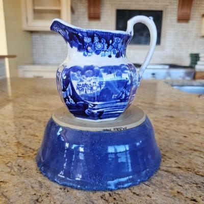 Lot #202 - Wedgwood Ferrara Blue & White Transferware Pitcher, Plus Signed Blue Pottery Serving Bowl