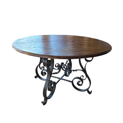 Lot #133 - Hardwood Table With Hand Forged Iron Scroll Base