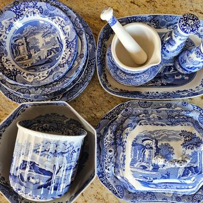 Lot #138 - Spode Blue Italian Collection Cachepot, Serving Bowls & Plates, Covered Vegetable Dish, Pestle & Mortar,Salt & Pepper