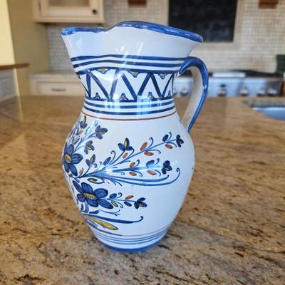 Lot #201 - Spanish Pottery Pitcher From Sevilla. Hand-Painted Blue & White Pottery.