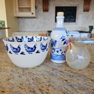 Lot #194 - Farmed-Themed English & Swiss Lot: Blue & White Pottery Chicken Bowl, Glass Chicken, Oil Bottle w/ Pig & Birds.