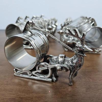 Lot #108 - Twelve Silver Tone Reindeer Sleigh Napkin Rings – Christmas Table Setting, Holiday Dinner Decor