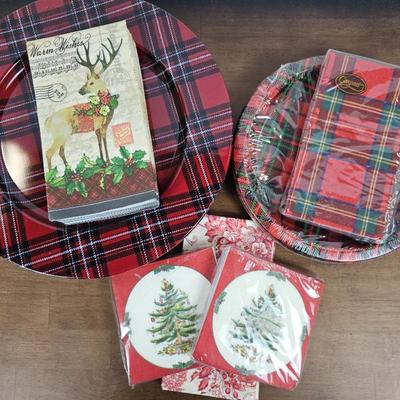 Lot #124 - Plaid Christmas Metal Charger Plates, Paper Plates & Napkins – Reindeer, Tree, and Tartan Holiday Table Decor