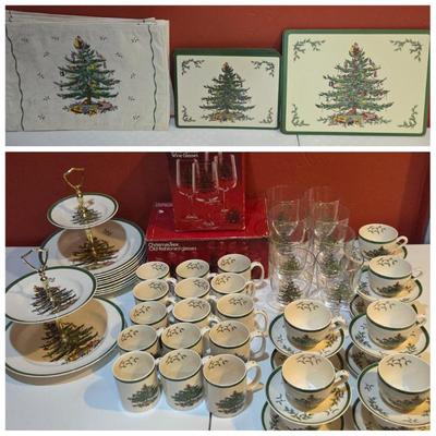 Lot #128 - Spode Christmas Tree Holiday Dinnerware Lot – Mugs, Teacups, Plates, Glasses, Placemats & Serving Pieces