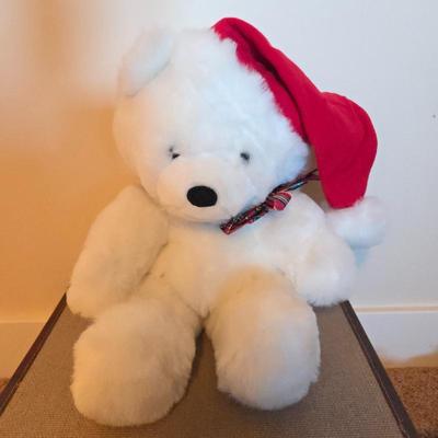 Lot #167 - White Plush Christmas Bear – Santa Hat & Tartan Bow Holiday Stuffed Animal