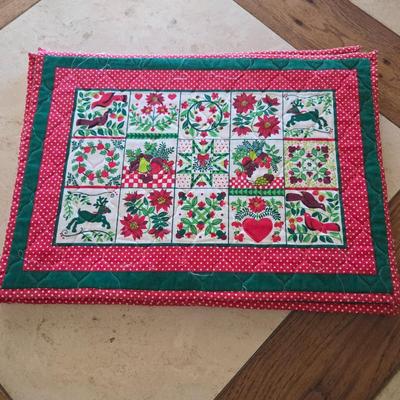 Lot #140 - Set of 8 Quilted Christmas Placemats – Patchwork Holly, Poinsettia & Cardinal Design