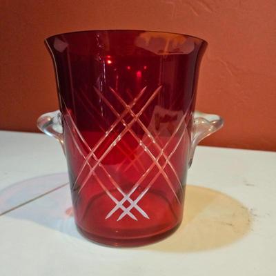 Lot #133 - Vintage Ruby Red Cut to Clear Crystal Ice Bucket/Wine Chiller – Elegant Holiday Decor