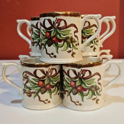 Lot #131 - Tiffany & Co. Holiday Porcelain Tiffany Garland Mugs with Holly & Ribbon Design (Set of 10)