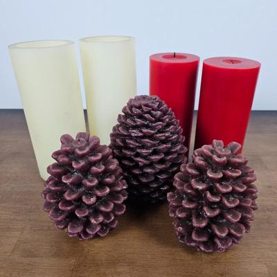 Lot #126 - Holiday Candle Set – Red & Ivory Pillars with Pinecone Shaped Candles, Winter Home Décor