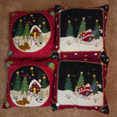 Lot #145 - Set of 4 Christmas Accent Pillows – Appliqué Snow Scene & Santa Sleigh Designs