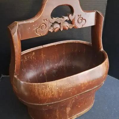 Chinese Elm Oval Shaped Vintage Carved Wood Bucket