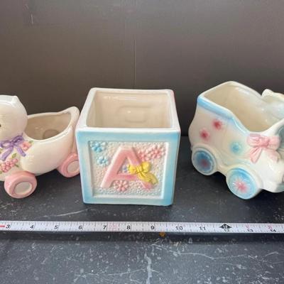 505: Set of 3 Vintage Ceramic Baby Planters – Duck, Block & Car Designs 