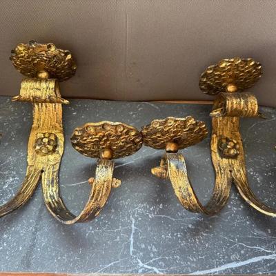 504: Pair of Vintage Gilded Wrought Iron Wall Candle Holders – Triple Arm Sconces