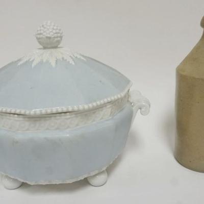 1128	IRONSTONE COVERED TUREEN AND STONEWARE BEER BOTTLE
