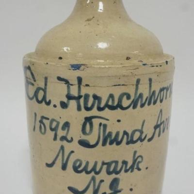 1131	ANTIQUE SCRIPT JUG, ED HIRSCHORN, NEWARK NJ, APPROXIMATELY 12 IN H
