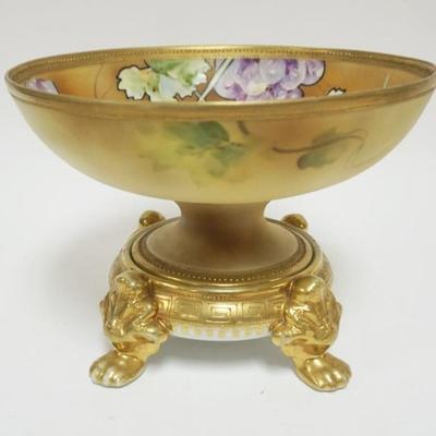 1108	HAND PAINTED NIPPON COMPOTE WITH IMAGES OF GRAPES ON FOOTED PEDESTAL,  APPROXIMATELY 10 IN X 7 1/4 IN H
