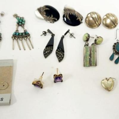 1173	APPROXIMATELY 9 PAIRS OF STERLING SILVER EARRINGS AS FOUND, 1.68 OZT INCLUDING STONES

