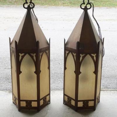1250	PAIR OF GOTHIC METAL AND FROSTED GLASS HANGING FIXTURES, EACH APPROXIMATELY 12 IN X 38 IN H
