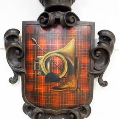 1236	LARGE HANGING WOOD CARVED SCOTTISH CREST WITH IMAGE OF FOX HUNT HORN, BOOTS ETC., APPROXIMATELY 36 IN X 56 IN H, SOME LOSS TO TOP
