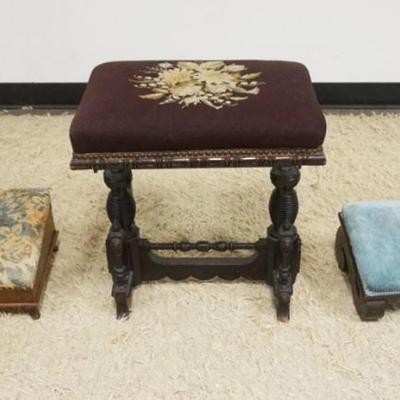 1245	ANTIQUE UPHOLSTERED ORGAN BENCH & 2 FOOT STOOLS, LARGEST PIECE APPROXIMATELY 20 IN X 14 IN X 21 IN HIGH
