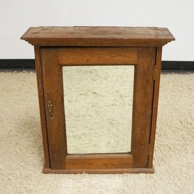 1246	ANTIQUE NARROW OAK HANGING CABINET W/MIRROR DOOR, APPROXIMATELY 23 IN X 6 1/2 IN X 27 IN
