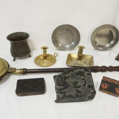 1135B	GROUP OF ASSORTED PRIMITIVE ITEMS INCLUDING BED WARMER, CANDLE MOLD, PEWTER PLATES, WALL STAMPS, ETC
