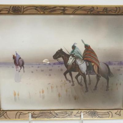 1111	HAND PAINTED NIPPON RECTANGULAR PLAQUE WITH IMAGE OF AMERICAN INDIAN ON HORSE BACK, APPROXIMATELY 8 IN X 10 1/4 IN
