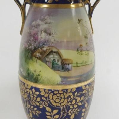 1104	HAND PAINTED COBALT BLUE NIPPON DOUBLE HANDLED VASE, APPROXIMATELY 12 IN H
