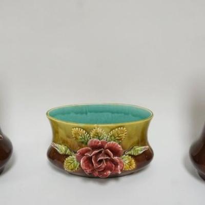 1113	FRENCH MAJOLICA VASES AND PLANTER, TALLEST PIECE APPROXIMATELY 12 1/2 IN H
