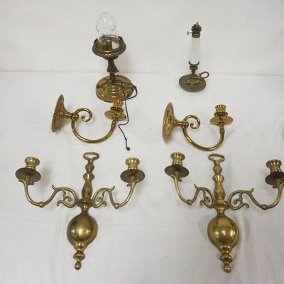 1135A	GROUP OF BRASS WALL CANDLE SCONCES & BRASS LIGHTING
