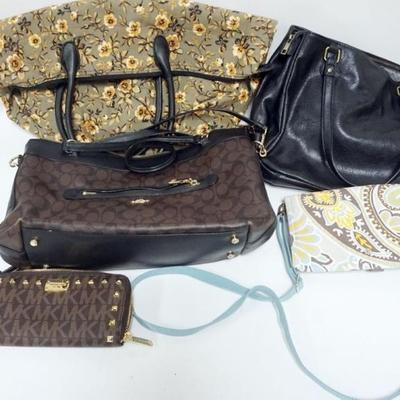 1147	COACH BAG, LONGABERGER OVERNIGHT BAG, MICHAEL KORS WALLLET, BLACK SATCHEL AND SLING BAG
