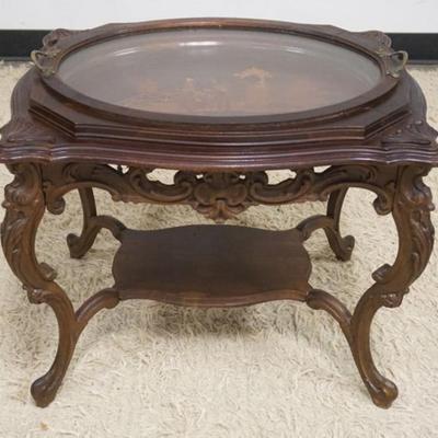 1241	CARVED WALNUT SERVING TABLE WITH INLAID TOP AND REMOVABLE SERVING TRAY, APPROXIMATELY 25 IN X 19 IN X 21 IN H
