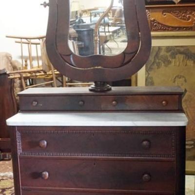 1228	EMPIRE MARBLE TOP CHEST OF DRAWERS WITH MIRROR TOP AND HARP THAT SWIVELS, APPROXIMATELY 42 IN X 20 IN X 76 IN H
