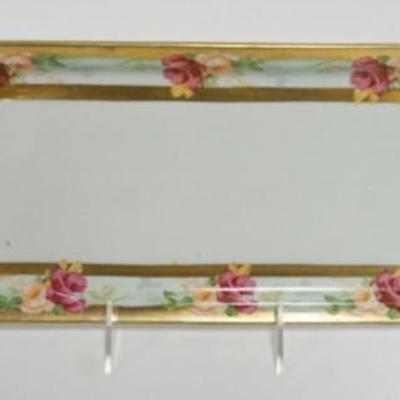 1112	HAND PAINTED AUSTRAIN DOUBLE HANDLE TRAY WITH IMAGES OF ROSES ON BORDER, APPROXIMATELY 19 IN X 6 1/2 IN

