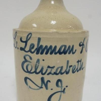 1129	ANTIQUE SCRIPT JUG, L. LEHMAN & CO. ELIZABETH NJ, APPROXIMATELY 12 IN H
