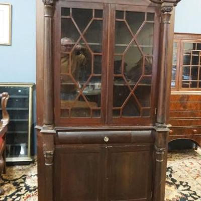 1242	ANTIQUE MAHOGANY 2 PART CORNER CABINET W/CARVED PAW FEET & CORINTHIAN COLUMN SIDES, FINISH WORN & OLD REPAIRS, APPROXIMATELY...