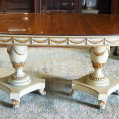 1203	OVAL DOUBLE PEDESTAL DINING TABLE WITH 2 LEAVES, APPROXIMATELY 45 IN X 73 IN X 30 IN H, LEAVES 18 IN EACH, FINISH WORN ON TABLE TOP...
